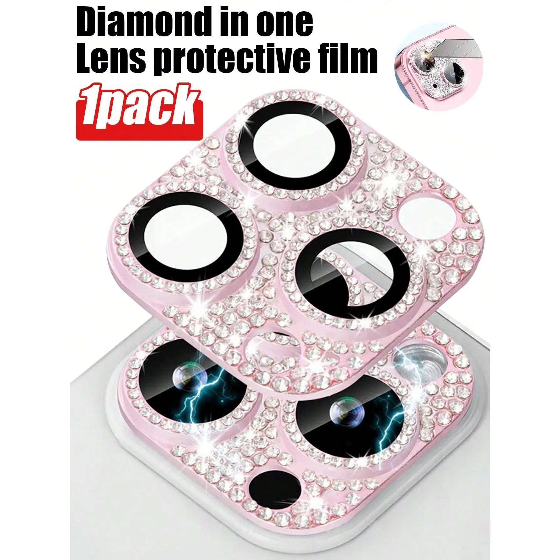 Women's Glittered Bling Pink Diamond Tempered Glass Camera Lens Protector for iPhone 16/15/14 Pro Max - 1Pc Integrated Full Coverage Cellphone Screen Protector, Anti-Scratch Fashion Accessory for Daily School Use, Protection, Accessories, One-Piece