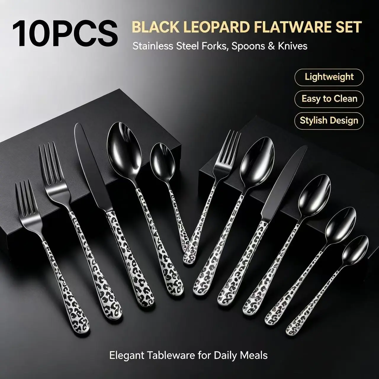 Leopard Print Stainless Steel Spoon Fork Set, Luxury Western Tableware Combo, 5-60 Piece Sets Available