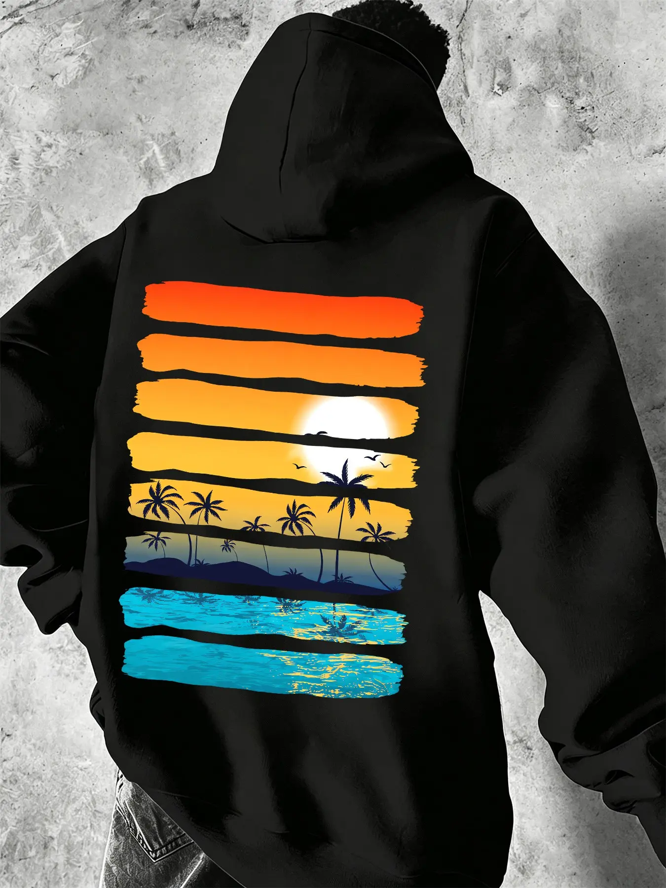 Mcd Oversized Fleece Pullover Hoodie Unisex, Sunset Palm Tree Print, Loose-Fit Casual Sweatshirt, Fall Winter Streetwear