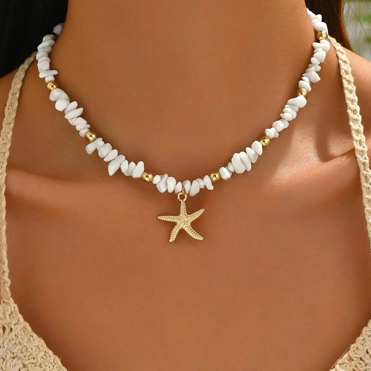 Women's Boho Starfish Charm Choker Necklace - Adjustable Acrylic Beaded Coastal Jewelry, Beachwear Accessory for Summer Vacations & Outfits, Acrylic Beads, Beachwear For Women