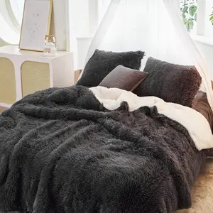Luxury Faux Fur Full/Queen Size Winter Comforter Set Shaggy Velvet Dark Gray/Black Long Hair, 3 Pieces Plush Flannel Backing Reversible Soft Microfiber Super Warm Bedding Set for Holiday
