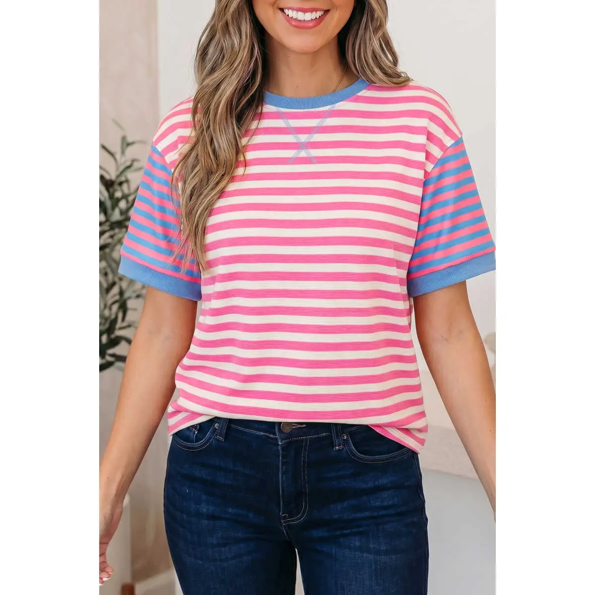 Women's Striped Patchwork Loose-Fit T-Shirt - Contrast Colorblock Short-Sleeve Round Neck Ribbed Hem Comfortable Everyday Casual Summer Tops for Women (Stylish Design)