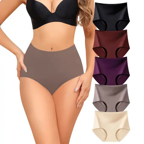 Women's LEVAO 5-Pack Seamless High Waist Ice Silk Panties - Elastane, Cheeky, Yoga, Matching Fit, Double Layer, No Show, Soft Stretchy Briefs, S-XXL Underwear for Women, Casual
