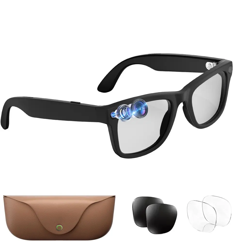 Smart Glasses, Wearable Tech Glasses for Travel, with 8MP Camera, TR90 Frame+Metal Hinge, 2000Mah Leather Charging Case, 2GB Memory, Hands-free Video Recording, 300Mah Battery, IP65 Waterproof, AI Translation, Bluetooth Call, Music Playback, WiFi Transfer