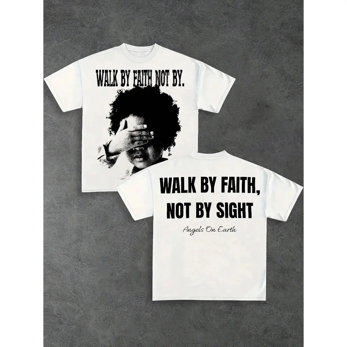 Walk By Faith Not By Sight Graphic Tee With Bible Verse Print Casual Streetwear Round Neck Faith Inspiring Design Made In USA For Women For Men [Lolly & Lace cotton t-shirt/sweatshirt/hoodie, soft and comfortable]