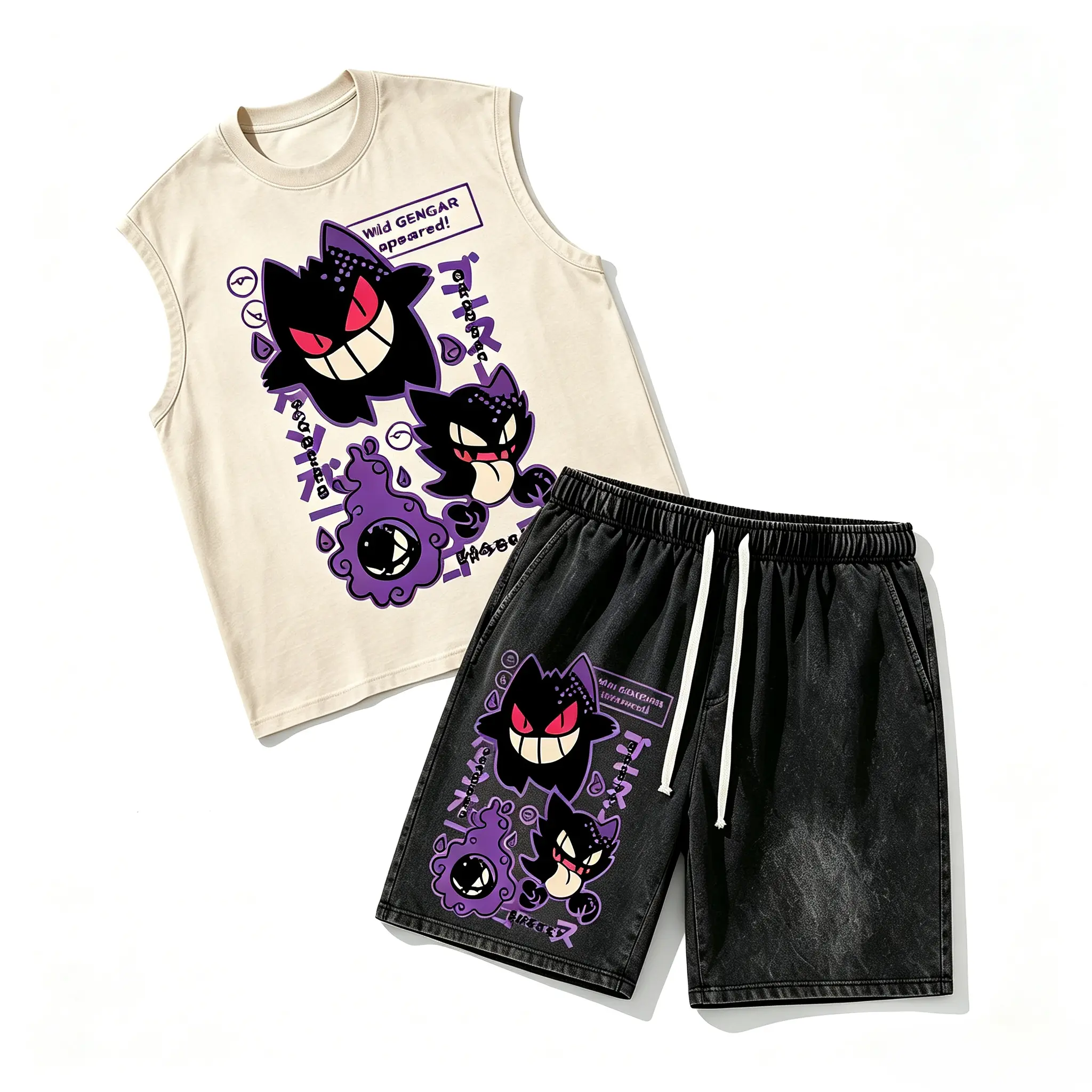 Wild GENGAR Purple Ghost Creature Evolution Unisex Plus Size Summer Graphic Tees Personalized Pattern Y2k Clothing Round Neck Sleeveless Washed Vests,Women's Clothing 100% Cotton,Retro Acid Wash Sleeveless Tee Short Pants Matching,summerwin