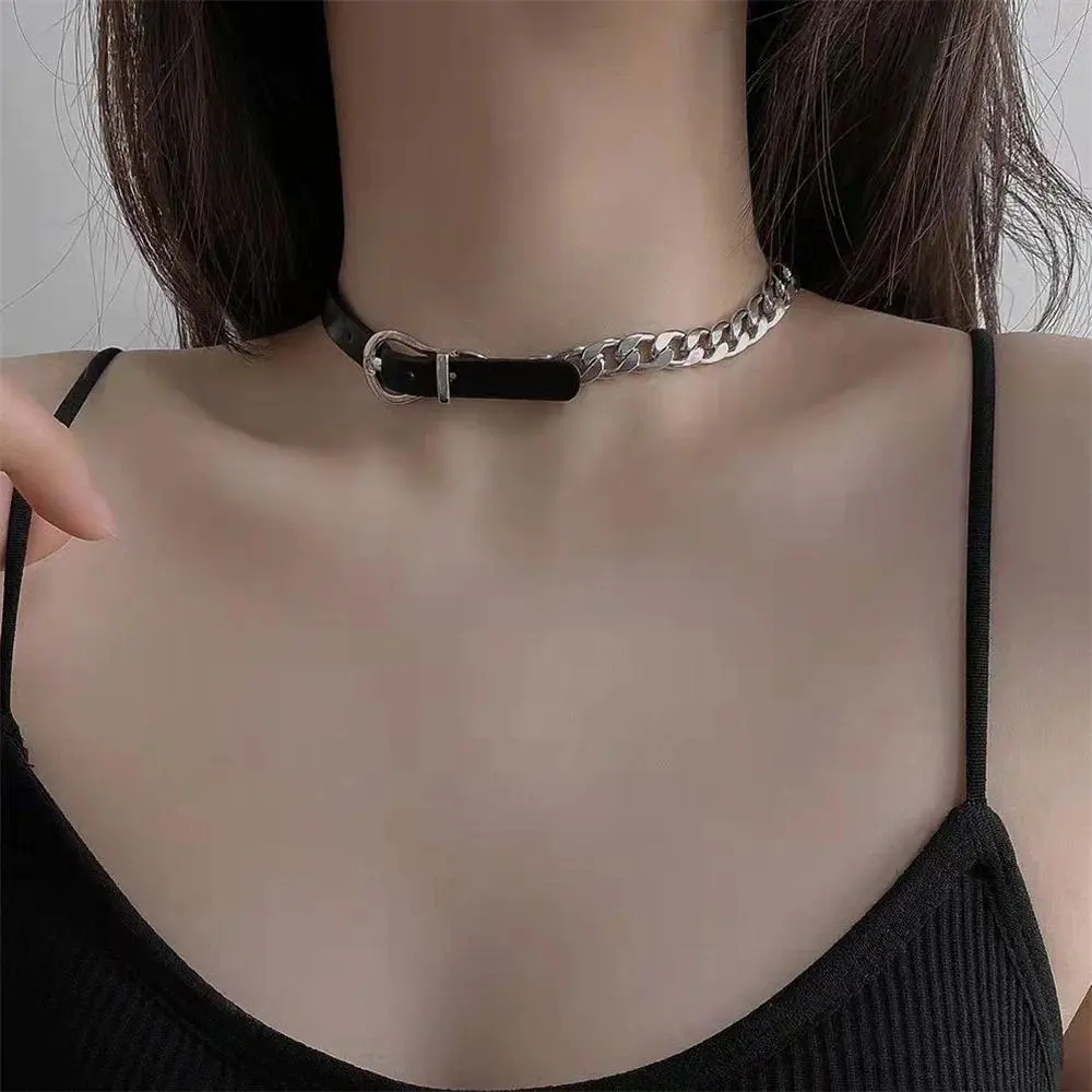 Kpop Black Leather Choker Stainless Steel Cuban Clavicle Chain Collar For Women New Goth Ladies Jewelry Wholesale