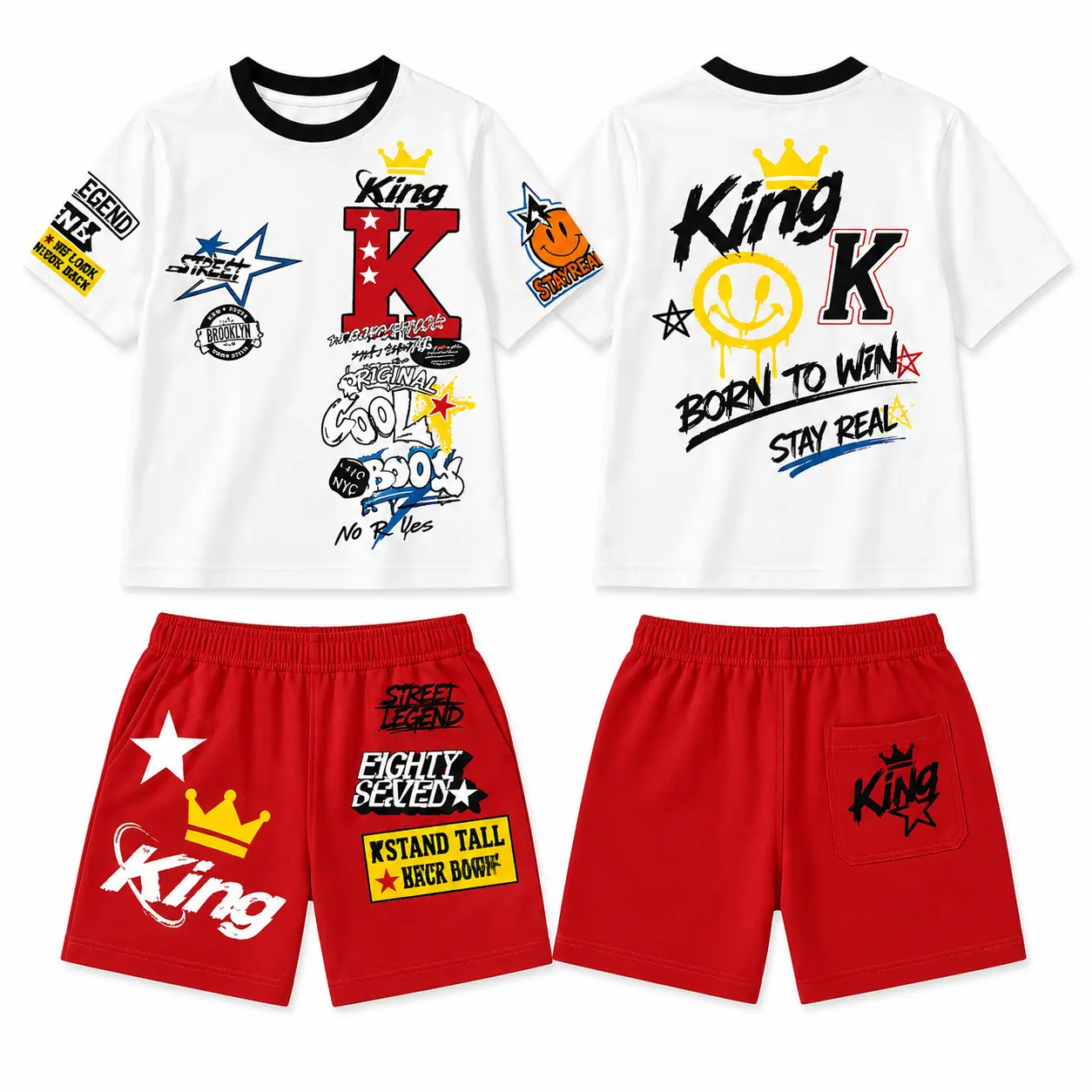 Kids Graffiti King Outfit Set, Boys Girls 2 Piece Streetwear T Shirt and Shorts, Toddler Summer Clothes, Crown Letter Graphic Tee, Elastic Waist Shorts, Hip Hop Style Activewear, School Playwear, Birthday Party, Vacation Casual Matching Set for Kids