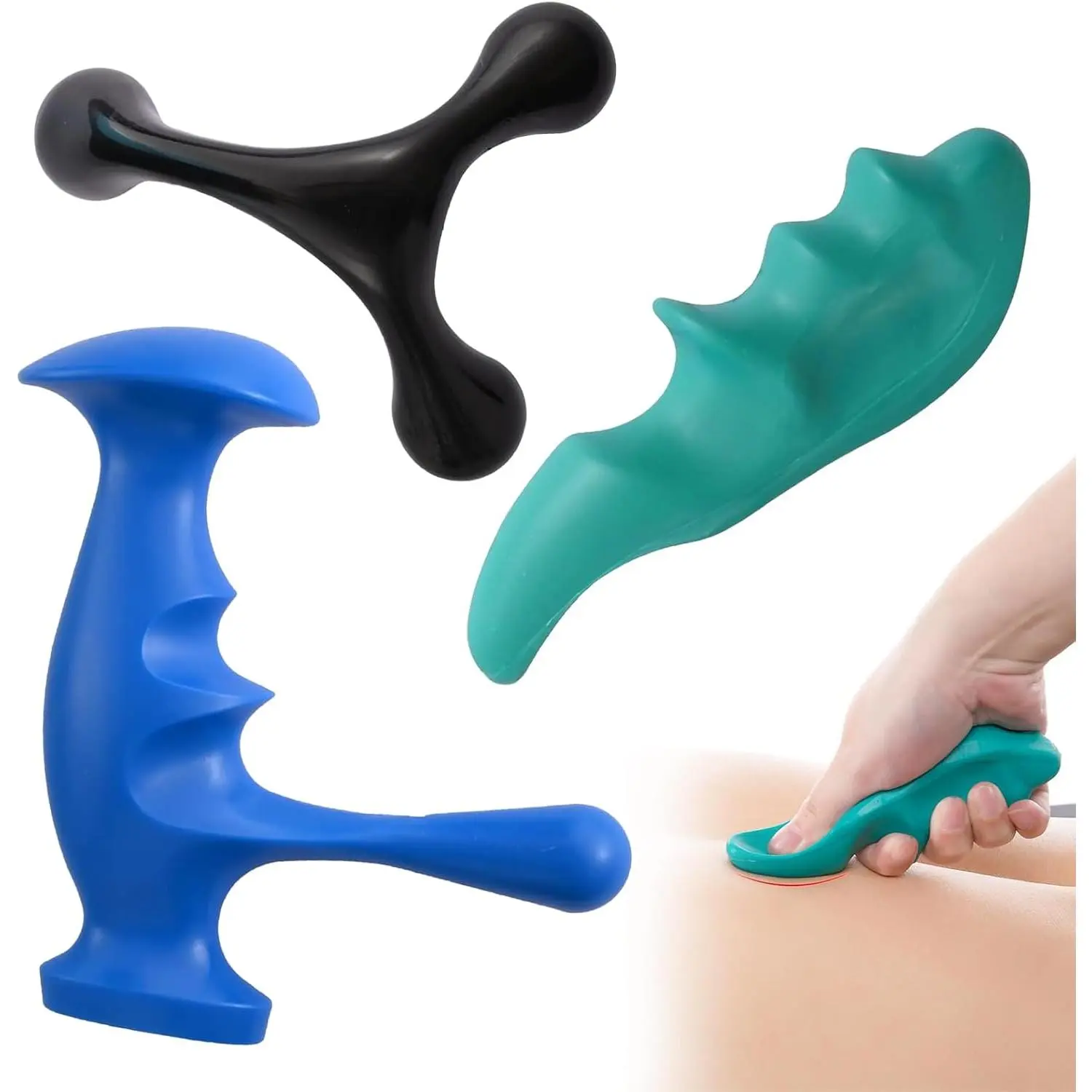 Manual Trigger Point Massage Tool and Thumb Saver for Full Body Deep Tissue Massage, Set Includes 1 Green Thumb Protector Tool, 1 Palm Urchin Massage Tool, Hand-Held 4-Legged Massage Knobs.