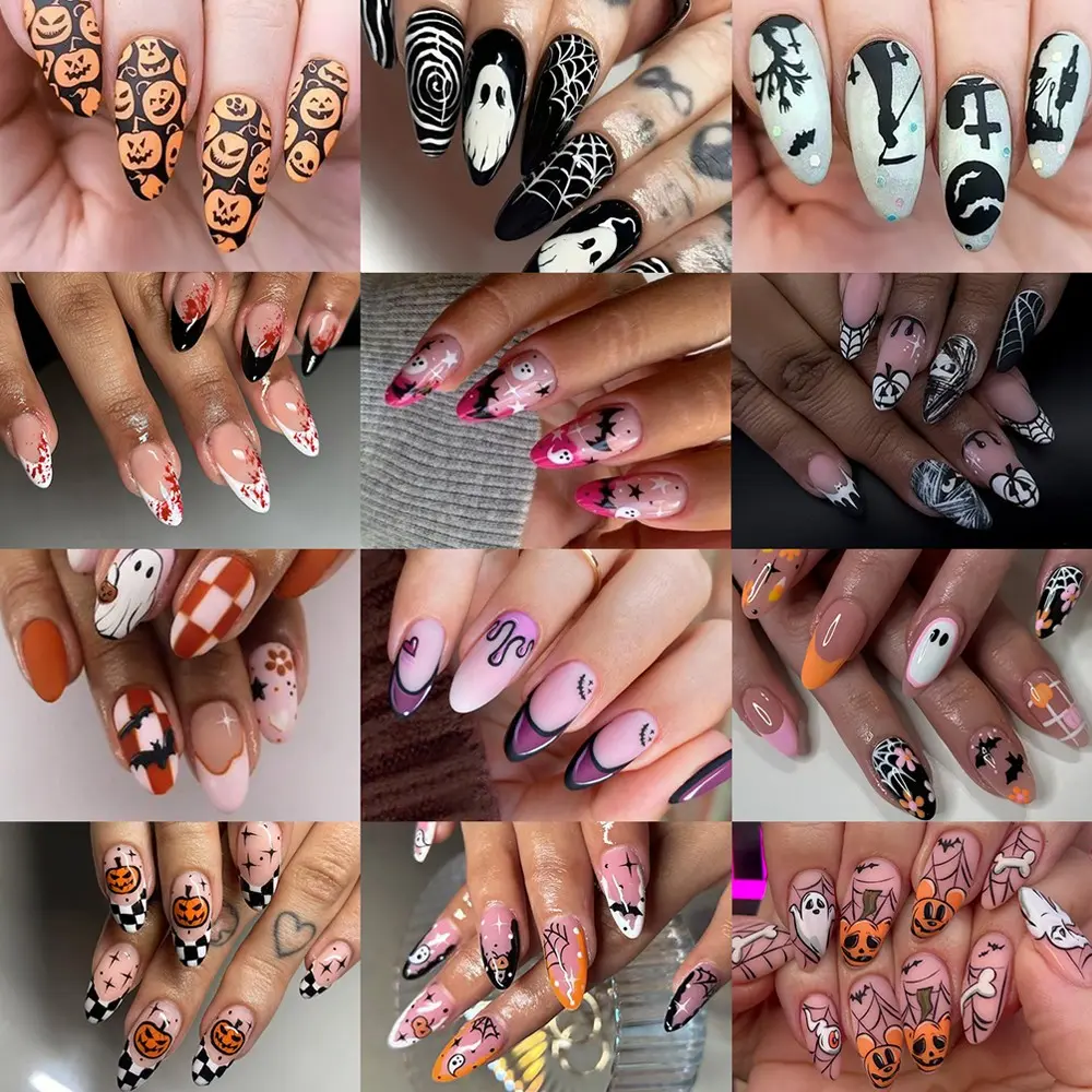 288pcs Halloween Almond Nails Set, Ghost, Mummy, Blood Drop, Bat, Spider Web, Pumpkin Design, French Nail Art, Includes Glue & File