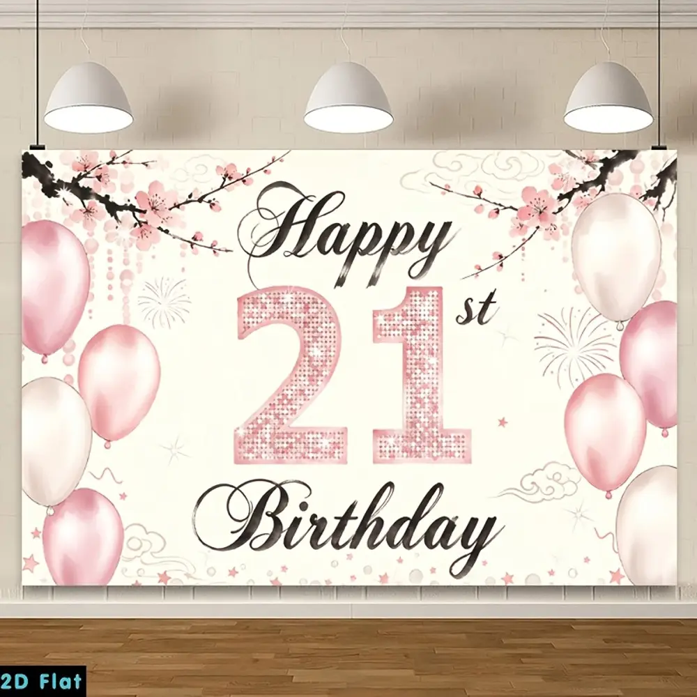 21st Birthday HD Digitally Printed Polyester 2D Flat Banner Backdrop - Soft, Lightweight, Foldable Floral Cherry Blossom & Pink Balloon Cloth for Party Decor, Portrait Photography