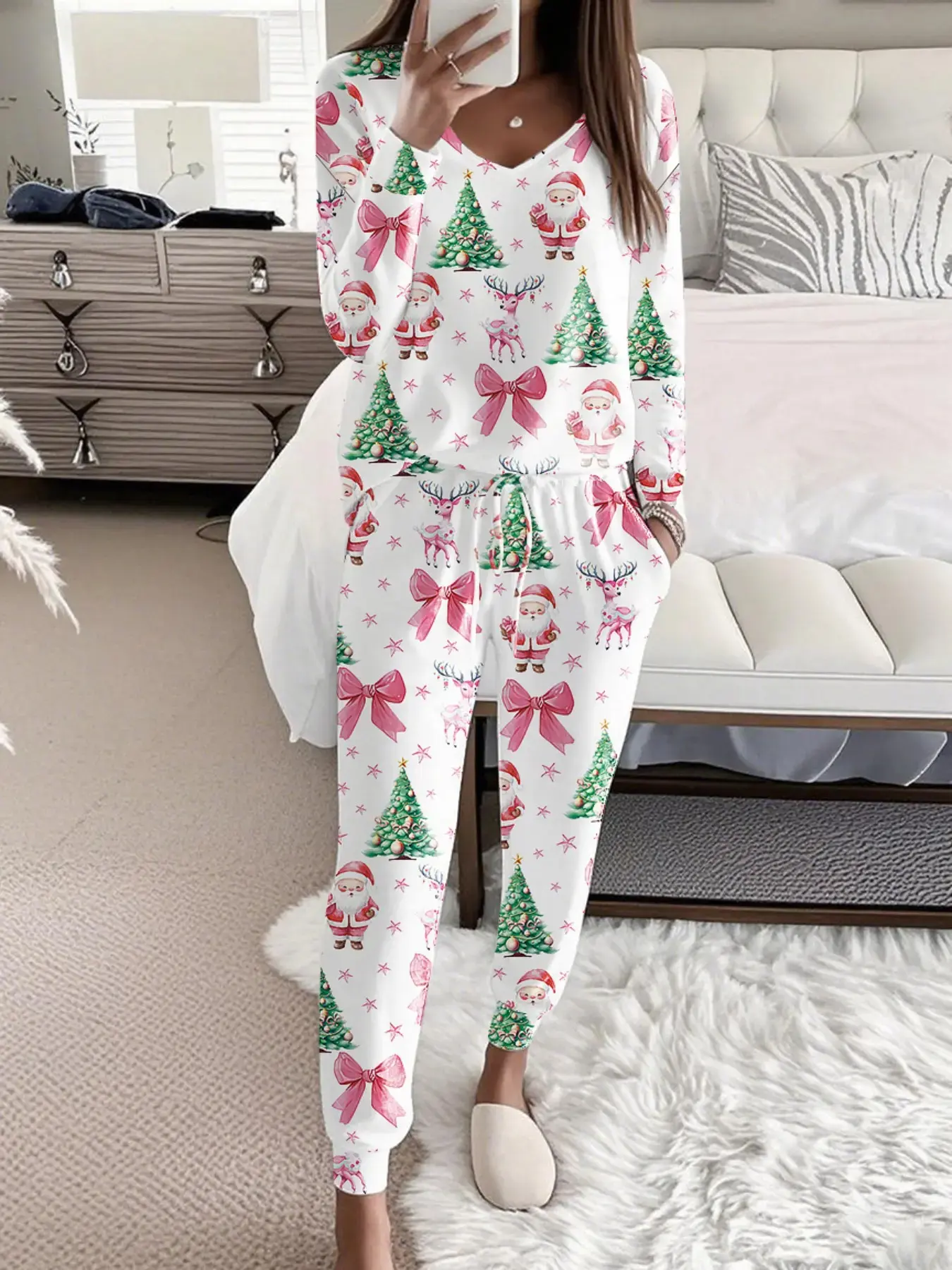 Women's Christmas Print Casual Set, Long Sleeve V Neck Top & Belted Pants, Ladies Homewear & Pajamas, Spring & Fall Fashion Pjs