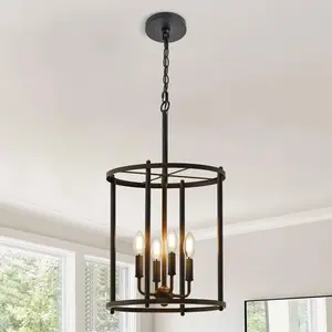 4-Light Black Chandelier, Industrial Black Lantern Ceiling Light Fixtures with Rustic Metal Cage Adjustable Height Farmhouse Geometric Hanging Light for Kitchen Island, Dining Room, Entryway