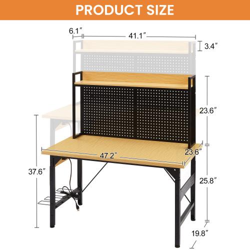 [Bellemave]48/71''Adjustable Workbench with pegboard, Heavy Duty Wooden Desktop Workbench with Wheels, 1600 lb.Load Capacity, Rolling Workbench with AC/USB Outlet, Hooks, Shelf, for Garage, Workshop, Office, Home.