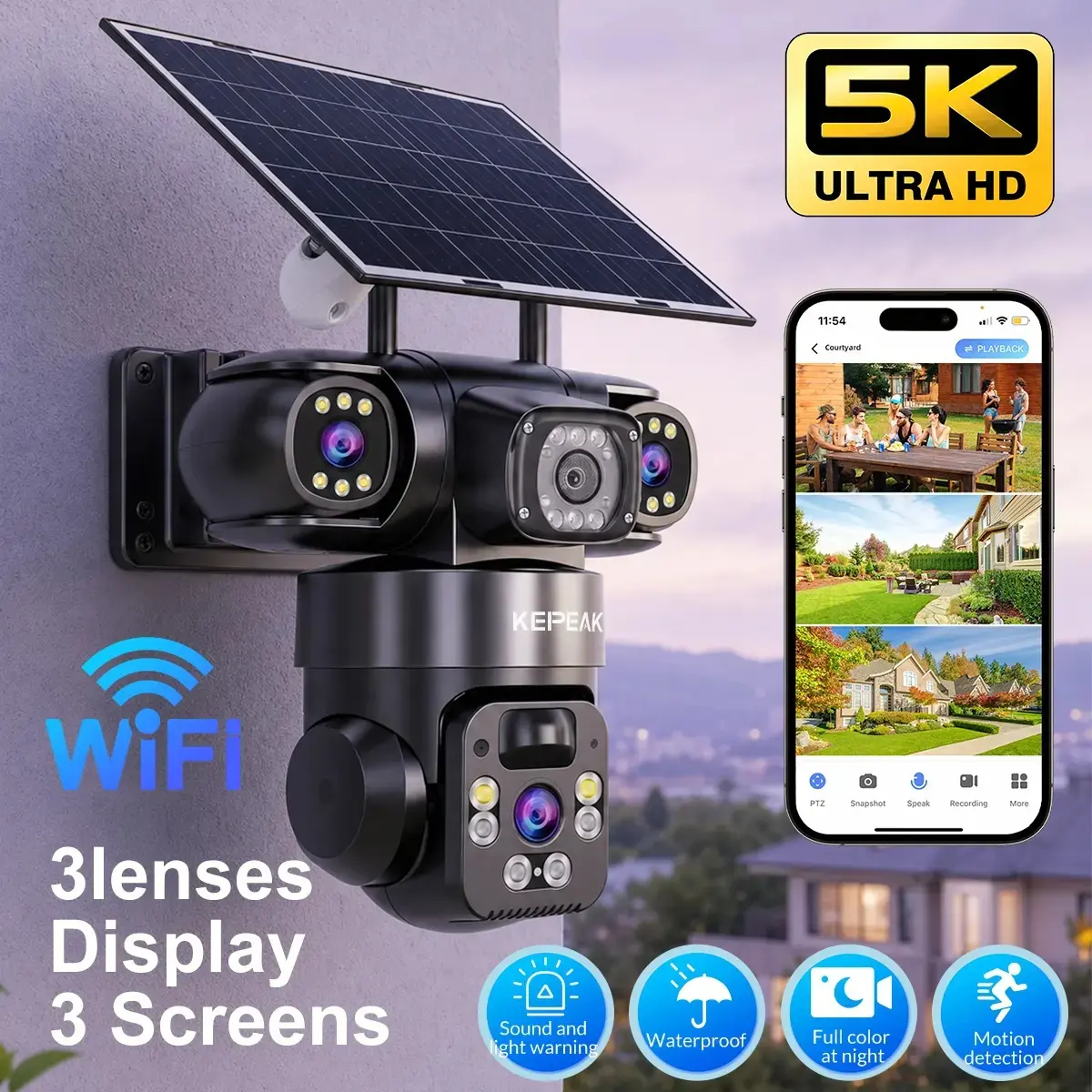 Rechargeable Triple Lens Solar Security Camera with 3 Screens, 5000P Resolution, 360° PTZ, Wireless Outdoor Spotlight, Full Color Night Vision, AI Human Detection, 2-Way Audio (Speaker, Micro, Recording), 8000mAh Battery, IP66 Protection, Remote, Card,too