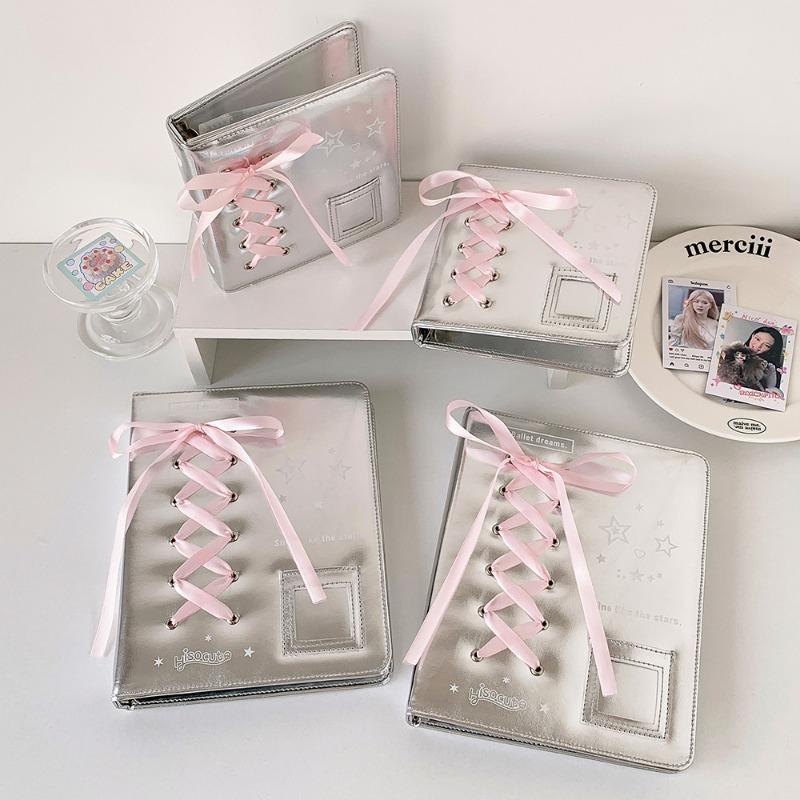 Silver Leather PU Photo Album Ballet Ribbon Photocard Binder 3 Inch Kpop Idol Card Collection Book A5 A7 Photo Albums INS Style Silver Leather PU Photo Album Ballet Ribbon Photocard Binder 3 Inch Kpop Idol Card Collection Book A5 A7 Photo Albums INS Style