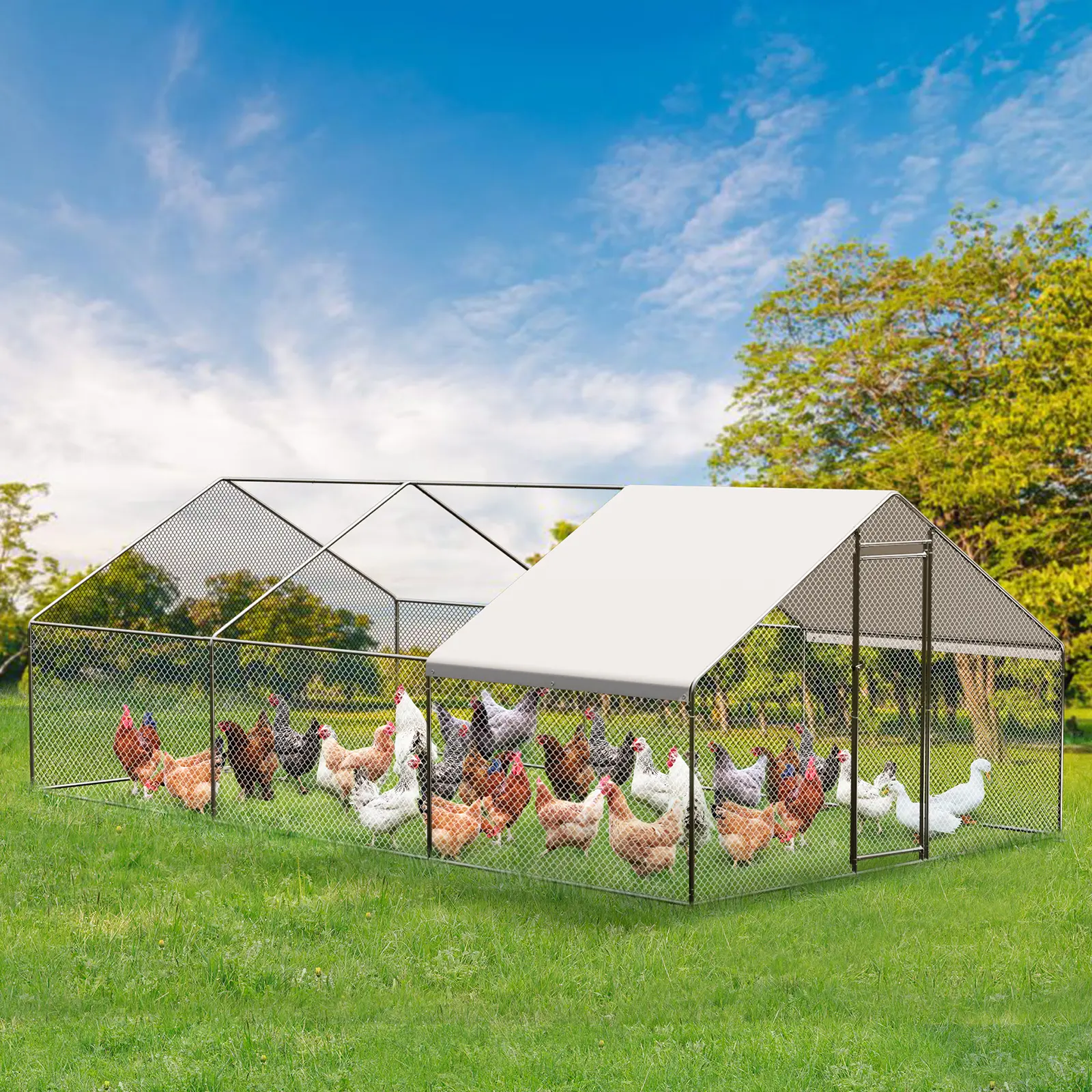 Heavy Duty Metal Chicken Coop - Walk-in Outdoor Poultry Enclosure with Waterproof Cover - Secure Hen House, Duck House, Rabbit Cage for Backyard, Patio, Farm Use - Size: 9.8×6.5×6.5 ft