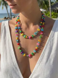 Double Layer Rainbow Beaded Necklace, Bohemian Style, Irregular Pebble Beads, Spacer, Collar Chain, Medium-Length, Beach Festival Fashion