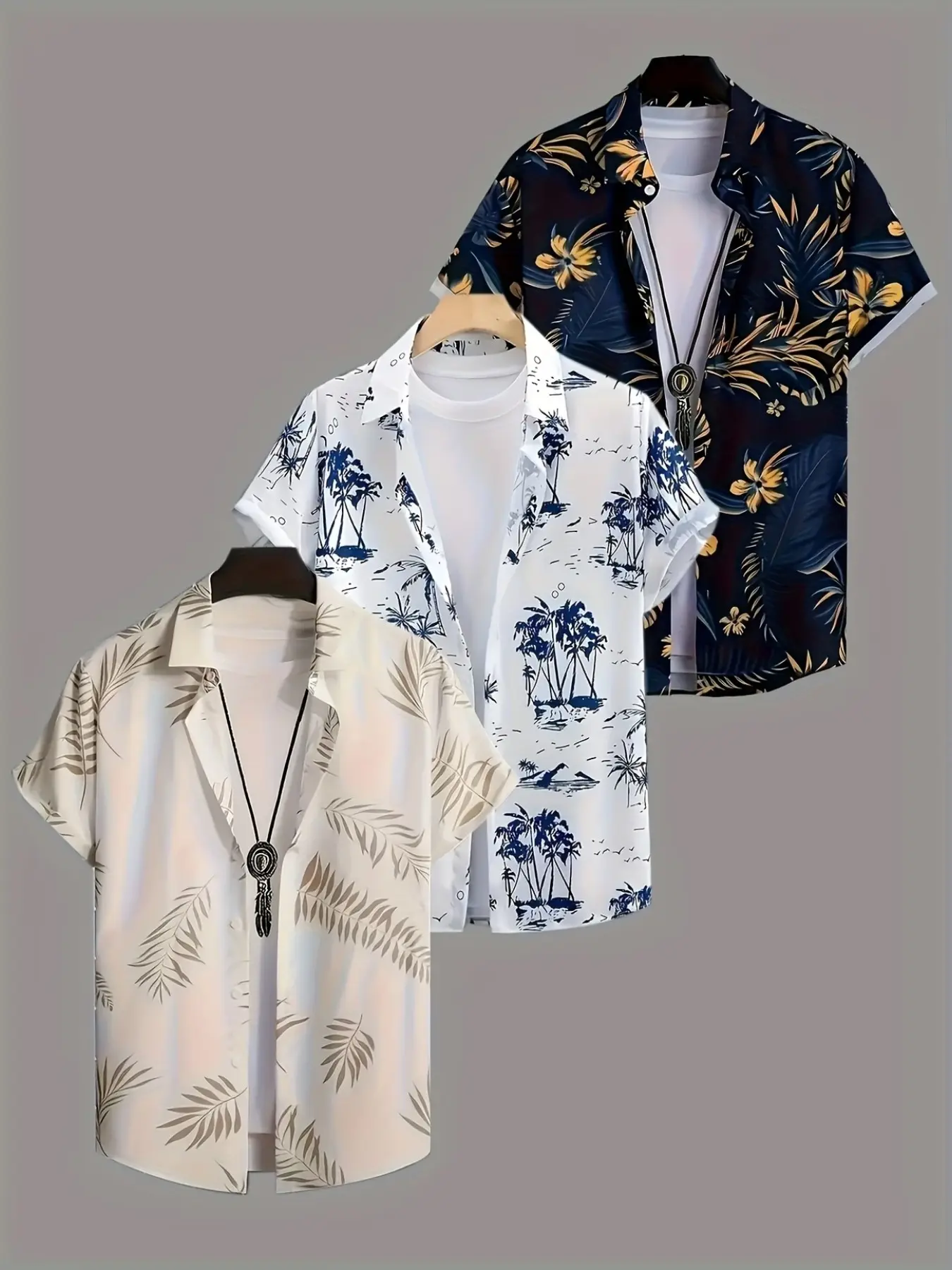 3-Pack Men's Floral Plant Print Short Sleeve Summer Shirts, Casual Slim-Fit Long Shirt, Ideal Gift for Men, All-Season Wear, Top
