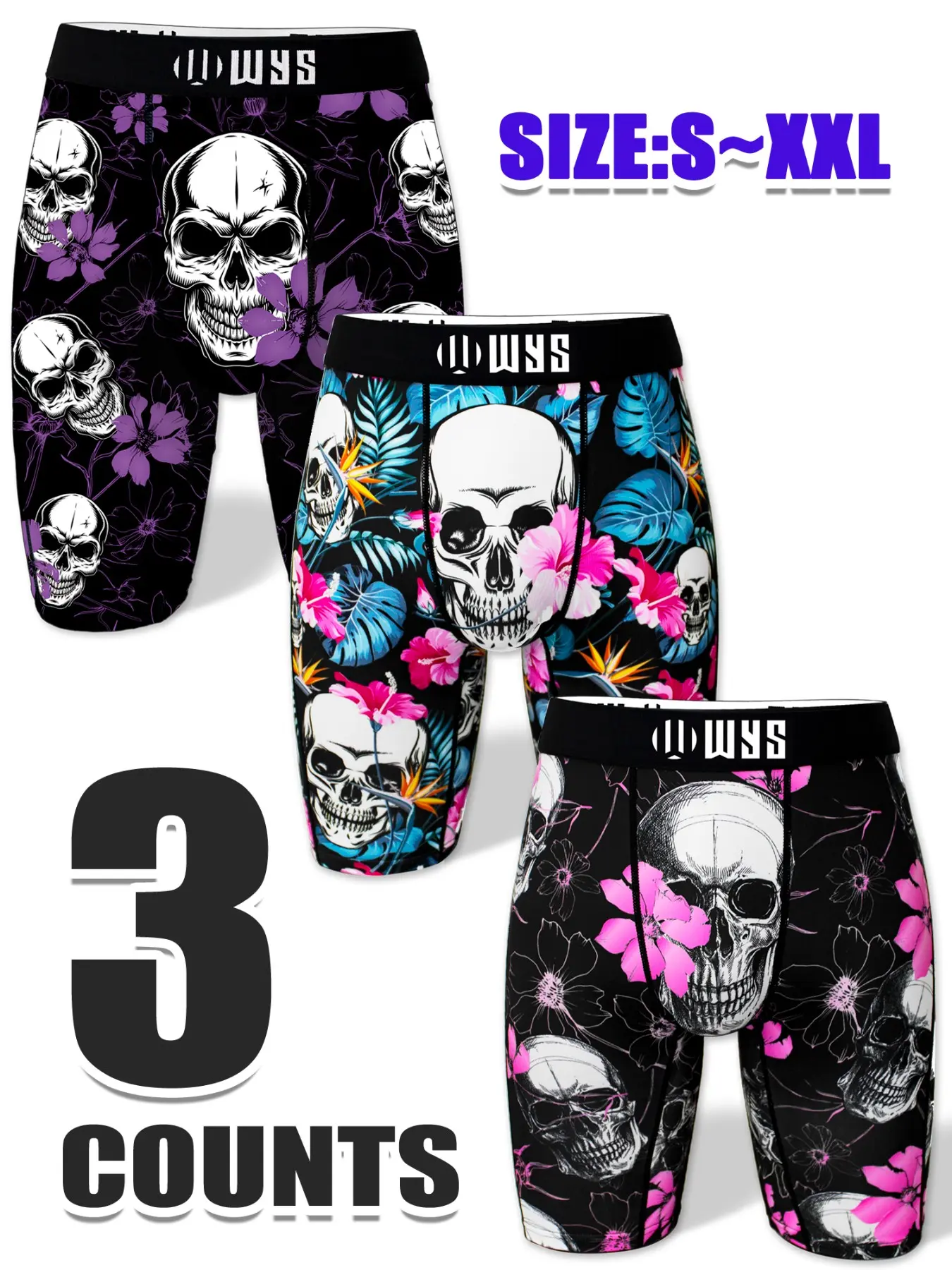 3pcs Men's Long Sport Underwear, Halloween Skull Plant Print, Elastic Moisture-Wicking, Comfortable Quick-Dry Breathable Casual Boxer Briefs