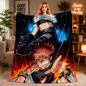 Gojo & Sukuna Jujutsu Kaisen Fleece Blanket, Fire Anime Art Throw, Dark Aesthetic Otaku Gift for Bedroom Sofa Cover