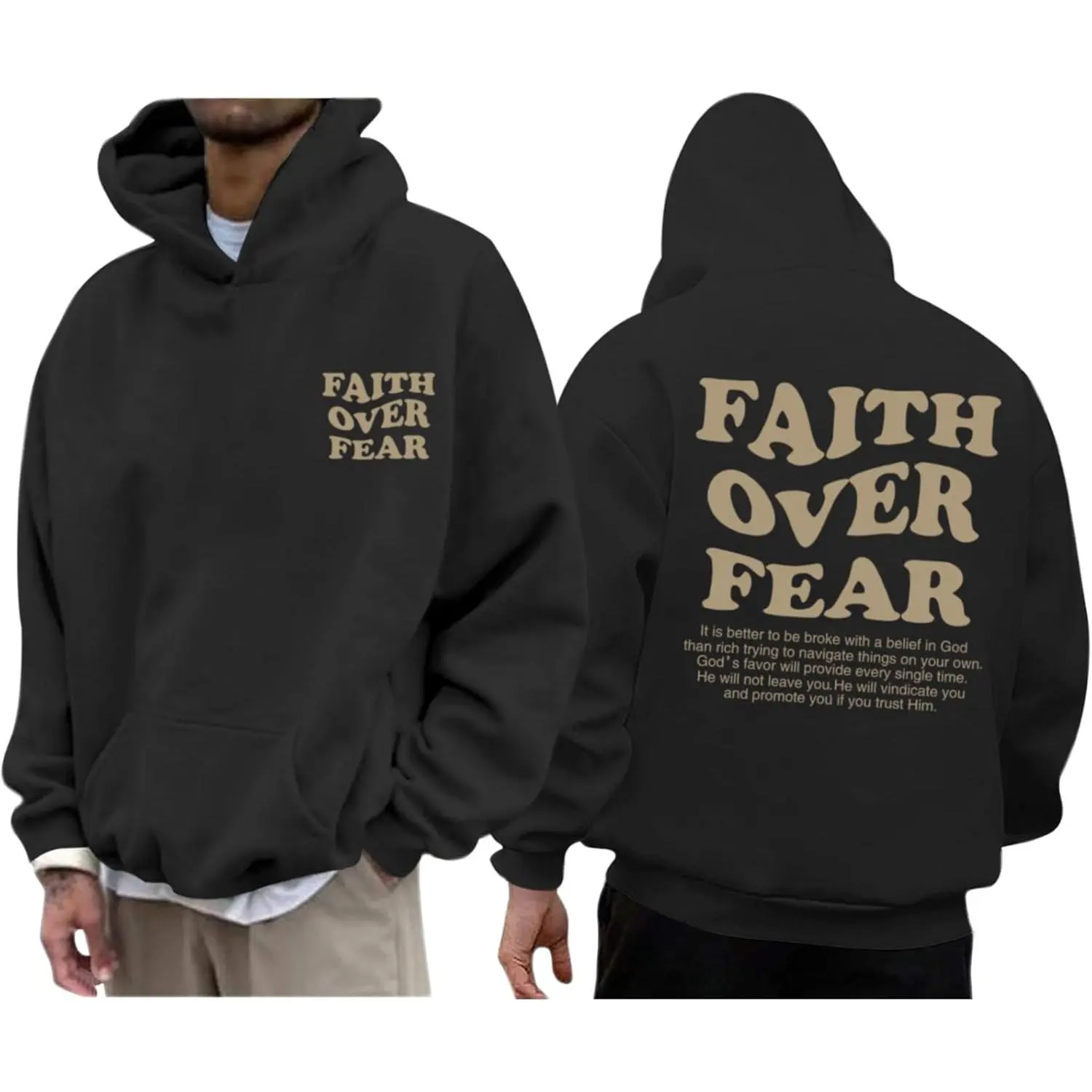 Faith Over Fear Hoodie Men Christian Jesus Sweatshirts Bible Verse Graphic Hoodies Inspirational Streetwear Pullover