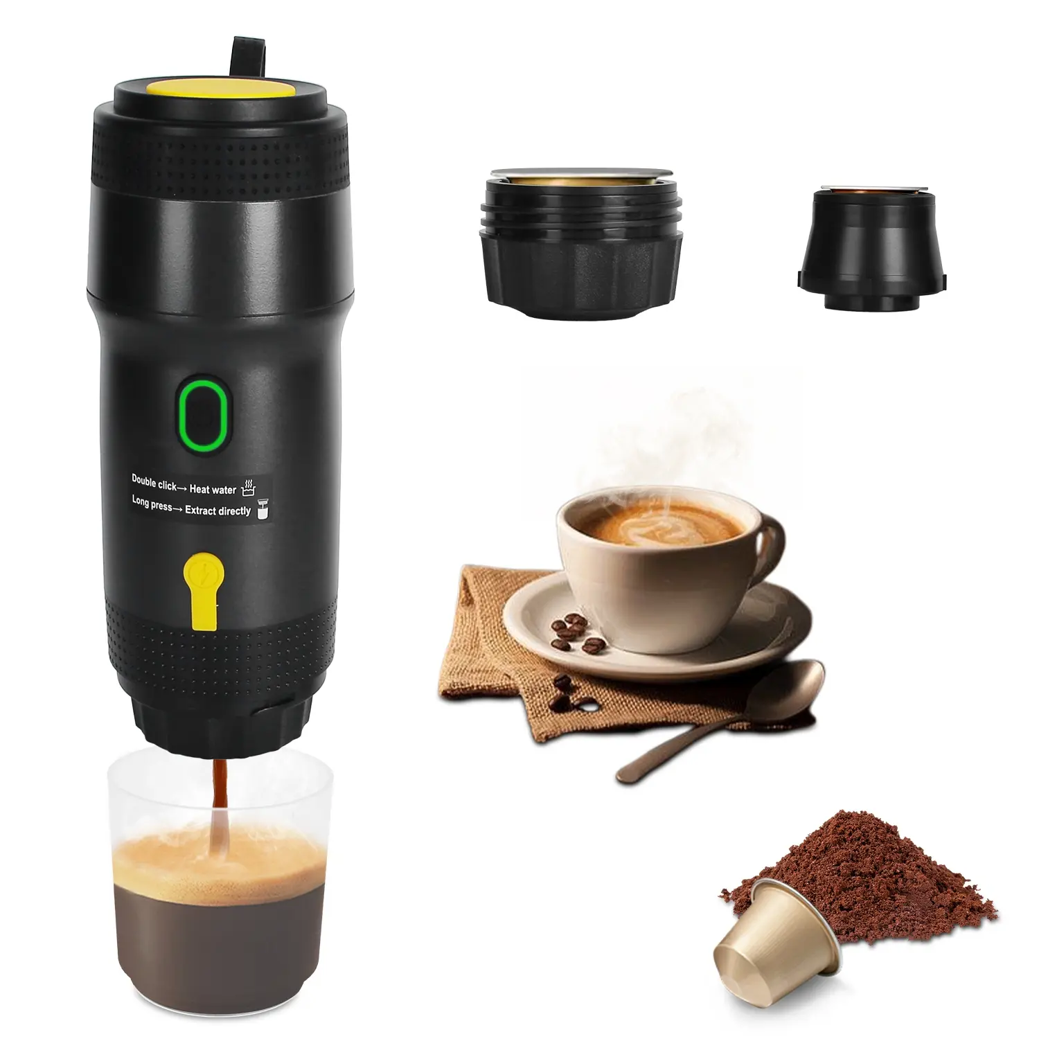 Cordless Portable Self-Heating Espresso Machine Fully Automatic Electric Coffee Maker Anti Dry Burn Design Compatible With Ground Coffee NS DG Capsules For Car Camping Hiking RV Home Office