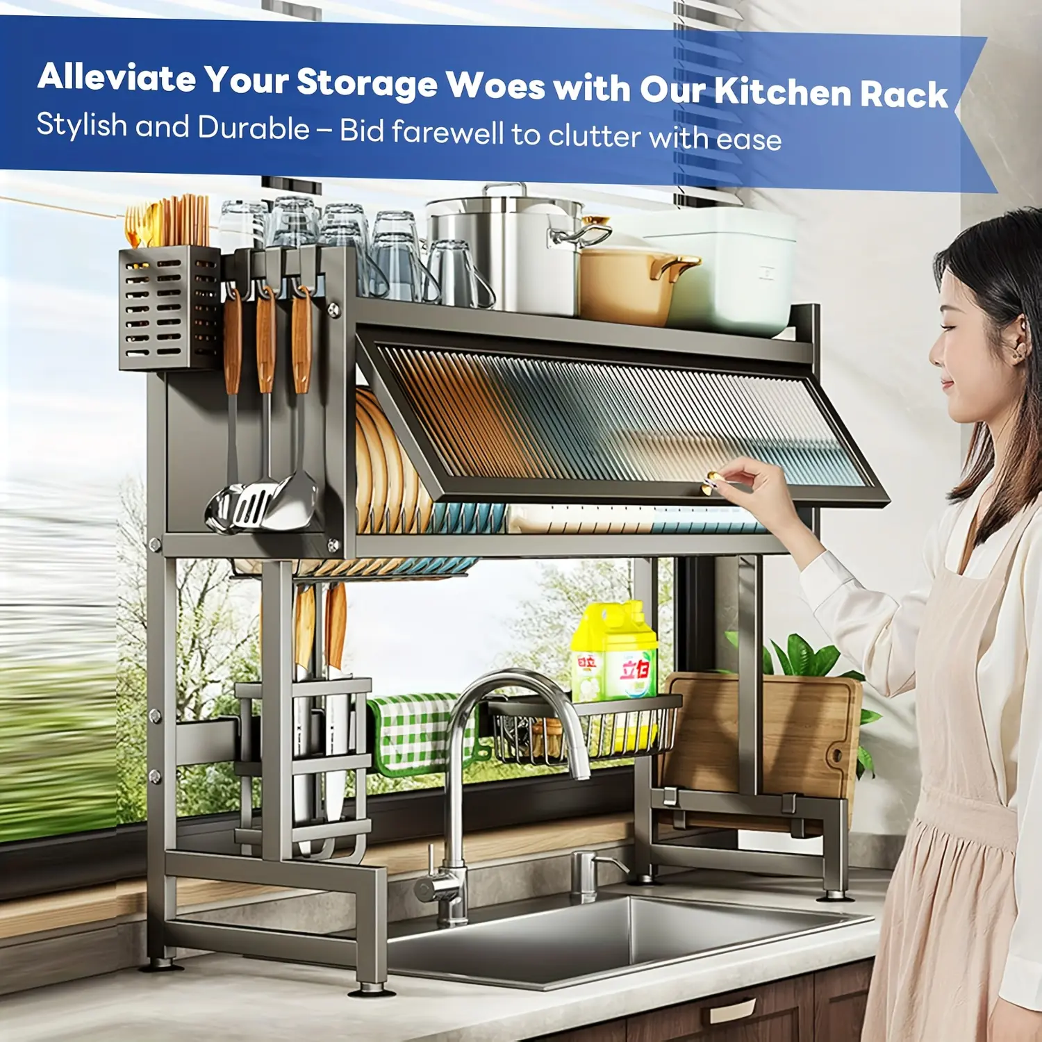 3 Tier Over The Sink Dish Drainer Drying Rack with Cover, Space-Saving Kitchen Sink Shelf Organizer for Dishes, Glasses, Bowls & Cutlery, Compact Design for Tidy Kitchen Organization