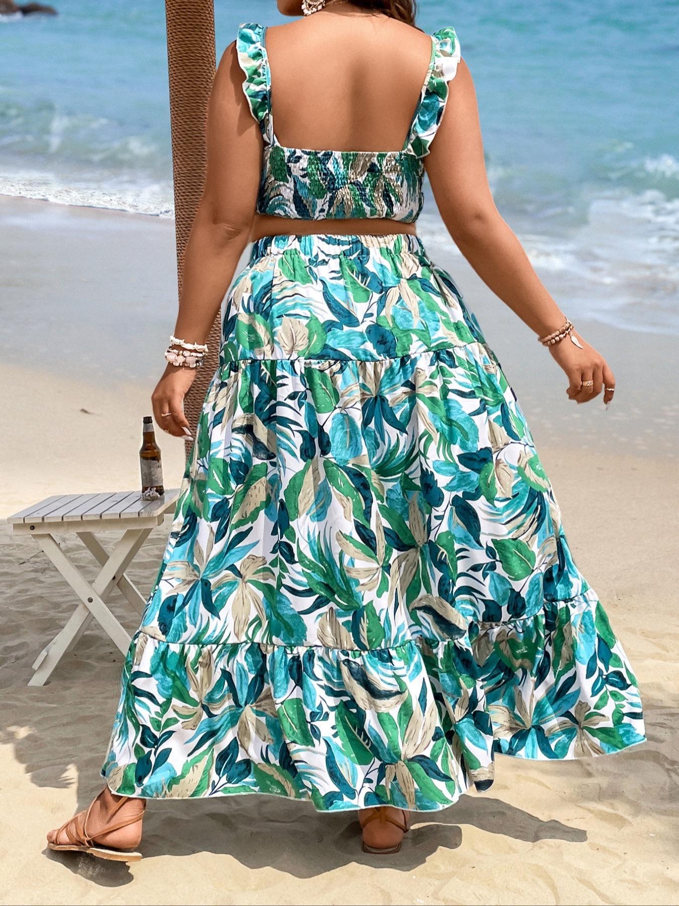 【Plus Size】 Leaf Print Crop Top & Skirt Set, Boho Bohemian Fashion Casual Two-piece Set for Beach Vacation Holiday, Women's Clothing for All Seasons