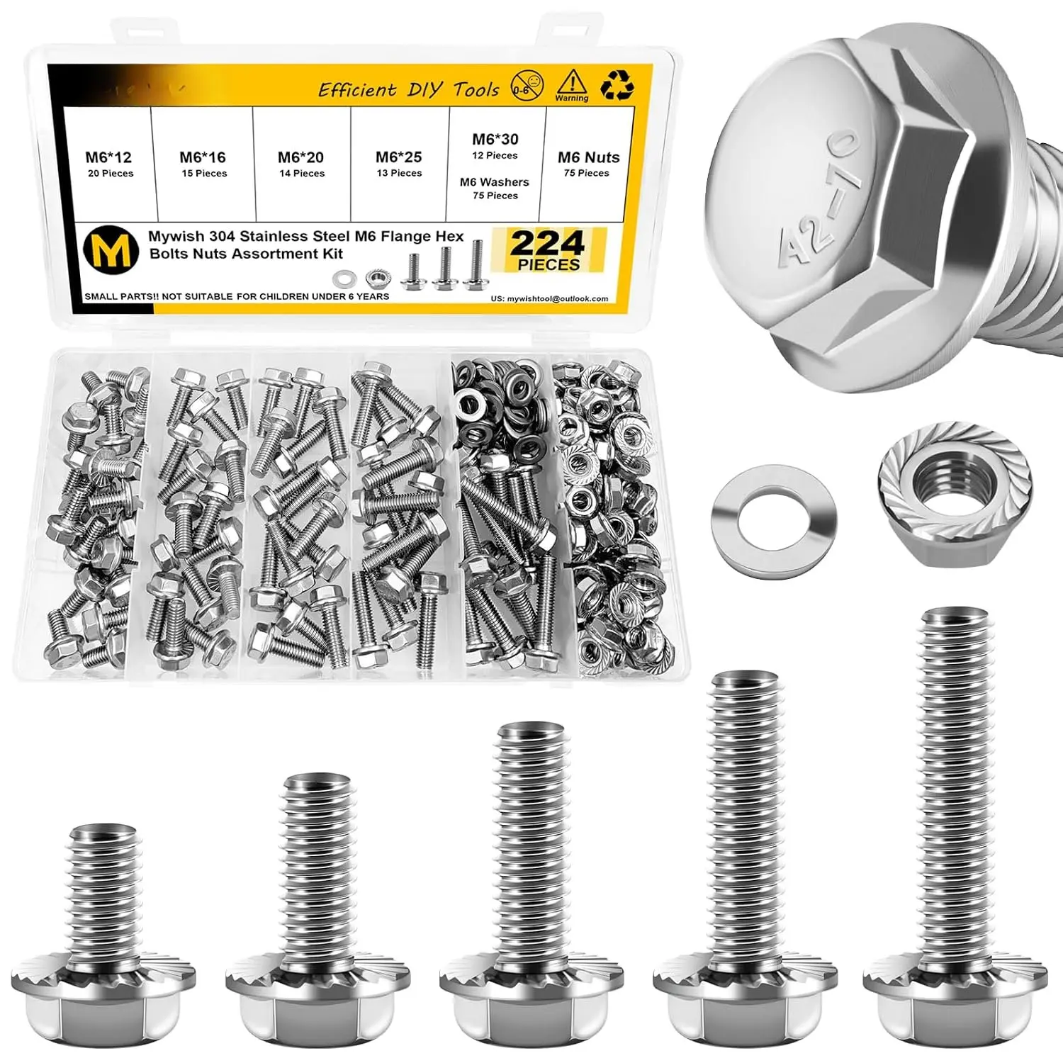 224 count M6 Bolt x 12/16/20/25/30mm, M6x1.0 Bolt, Flanged Hex   with Flange Nuts Washers, 304 Stainless Steel M6 Screws, Metric Bolt , DIN 6921 By