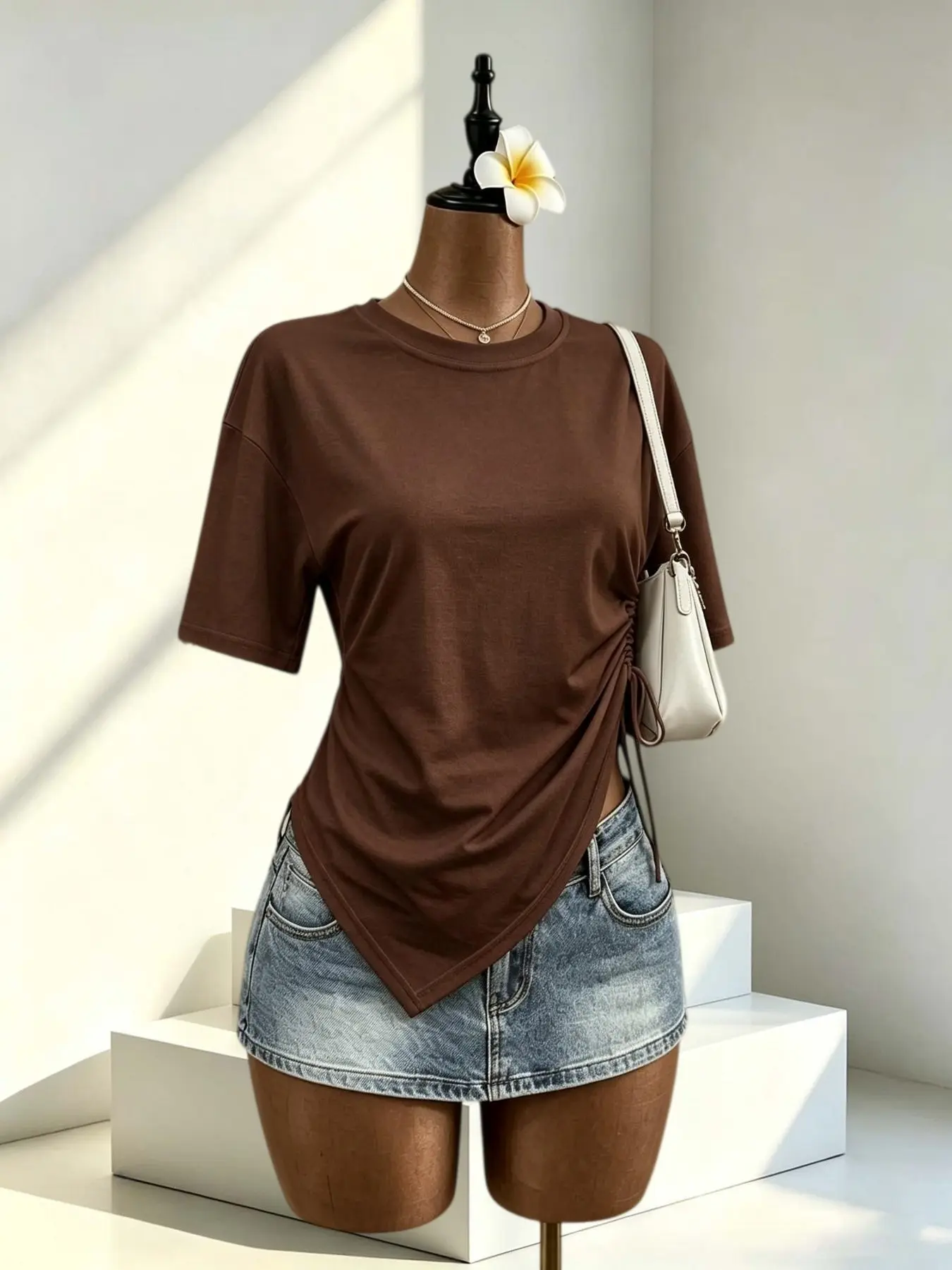 Women's Street Style Loose Round Neck Drawstring T-Shirt, Side Tie Design Short Sleeve, Casual Daily, Trendy Aesthetic Fashion Top