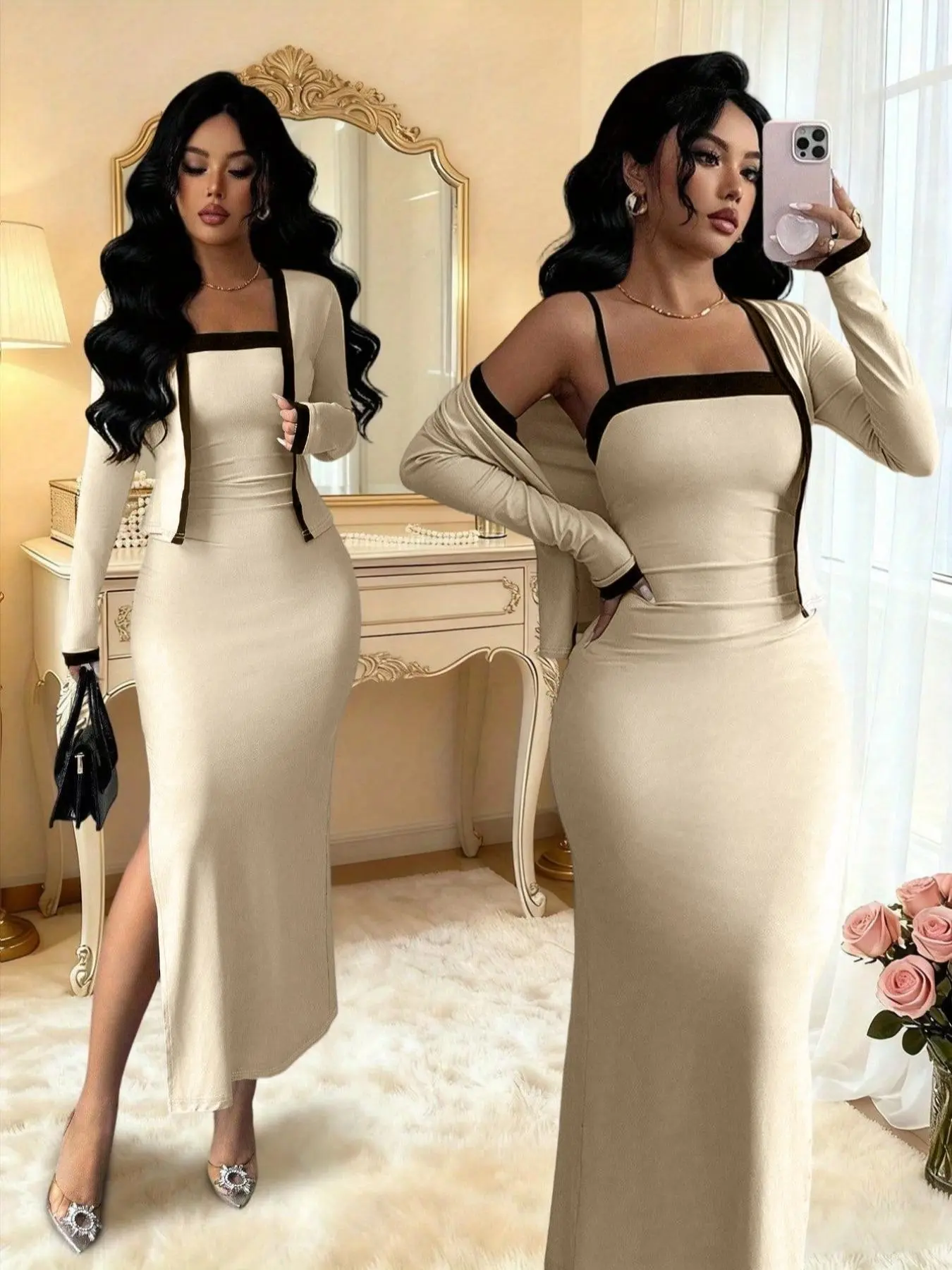Women's Fashionable Comfortable Colorblock Knit Long Sleeve Cardigan and Halter Neck Split Dress Set  Stylish 2-Piece Outfit for Everyday Wear