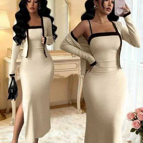 Women's Fashionable Comfortable Colorblock Knit Long Sleeve Cardigan and Halter Neck Split Dress Set  Stylish Elegance 2-Piece Outfit for Everyday Wear