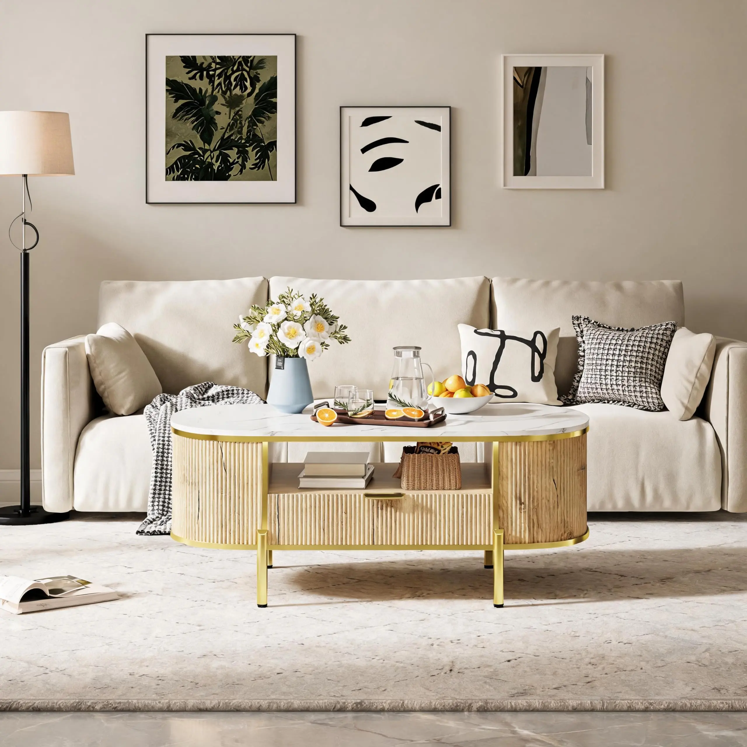 GARVEE Mid-Century Modern 70" Fluted Coffee Table with Faux Marble Top, Sliding Doors, Adjustable Shelves, Storage & Farmhouse Wood TV Stand (Fits 80" TVs, Living Room Decor)