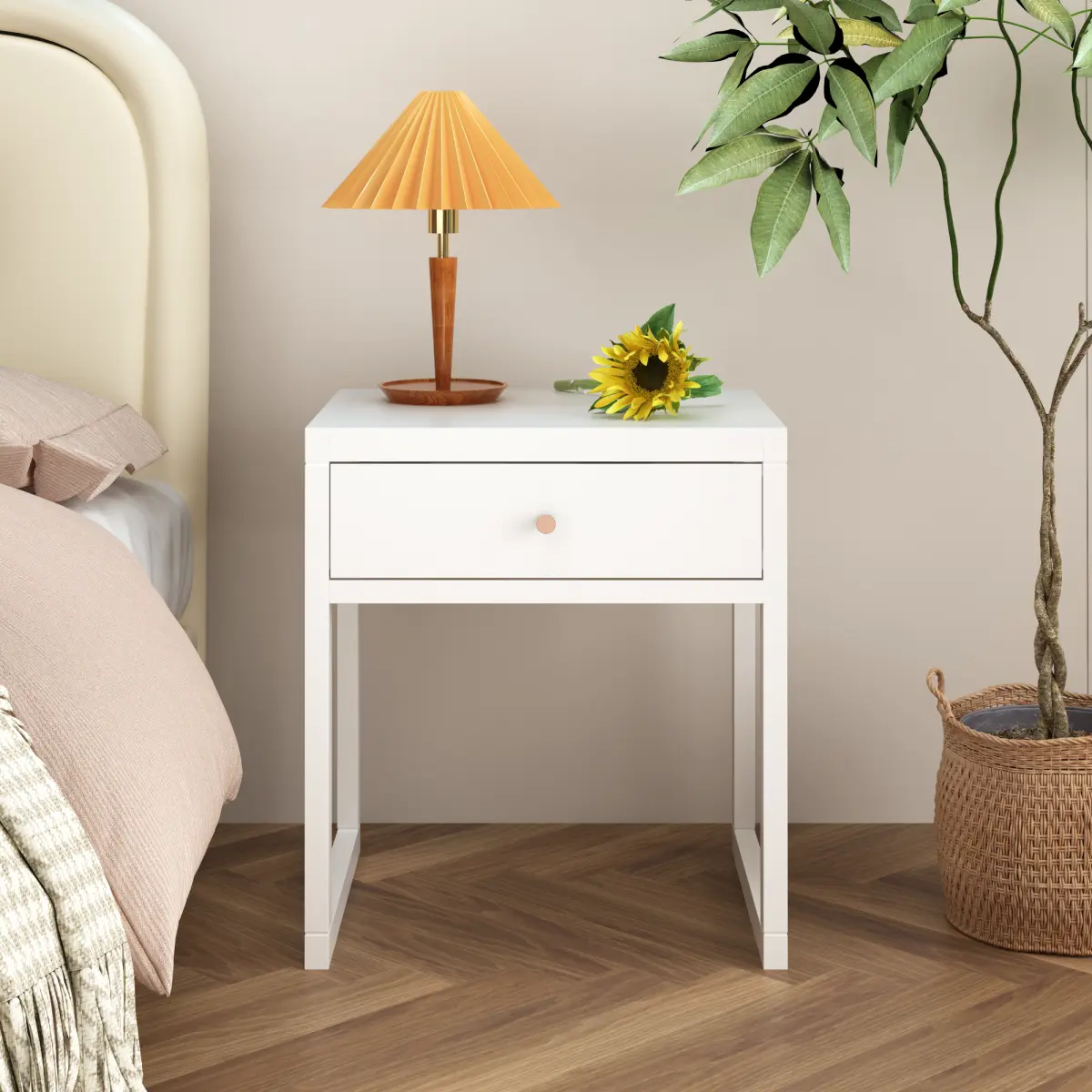 Single Modern White Nightstand - 19.69" l x 17.72" w x 22.05" h, Wood Knob Drawer, Minimalist Side Table, Compact Size for Any Space, Easy Assembly, Ideal for Bedroom, Apartment