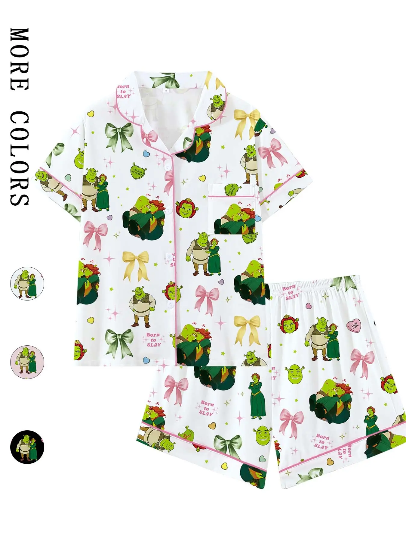 Shrek Movie Cartoon Print Cute Bow Collar Short Sleeve Pajama Set, Comfortable Sleepwear for All Seasons, Princess Fiona Gift, Loose-Fitting Loungewear, Pyjamas, Pjs, Homewear, Everyday, Pajamas Sets