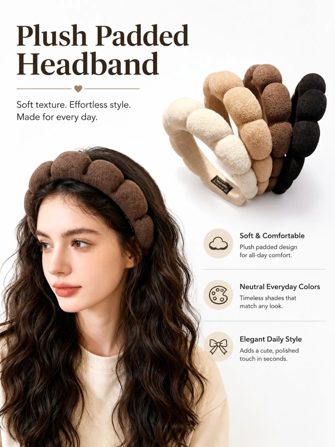 4 Pcs Plush Bubble Sponge Headbands, Earth Tone Wide Sponge Hair Bands, Soft Fluffy Non-Slip, Casual All-Season High Crown Hair Accessories