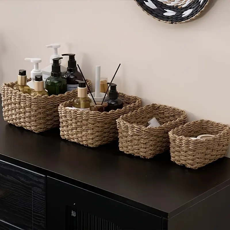 3/4 Piece Woven Storage Baskets, Organizing Containers for Shelves, Cabinets, Drawers, Kitchen, Bathroom, Bedroom, Office Desk