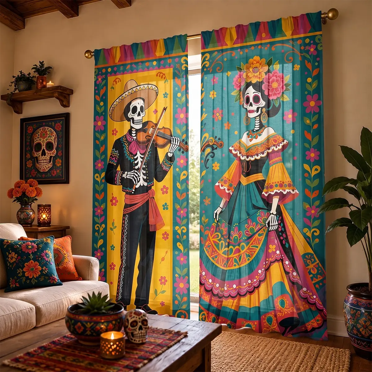 2pcs Mexican Day of the Dead skull print semi-blackout curtains; colorful marigold floral ethnic-style fabric curtains, made of polyester, suitable for bedrooms, kitchens, studies, cafes, etc.