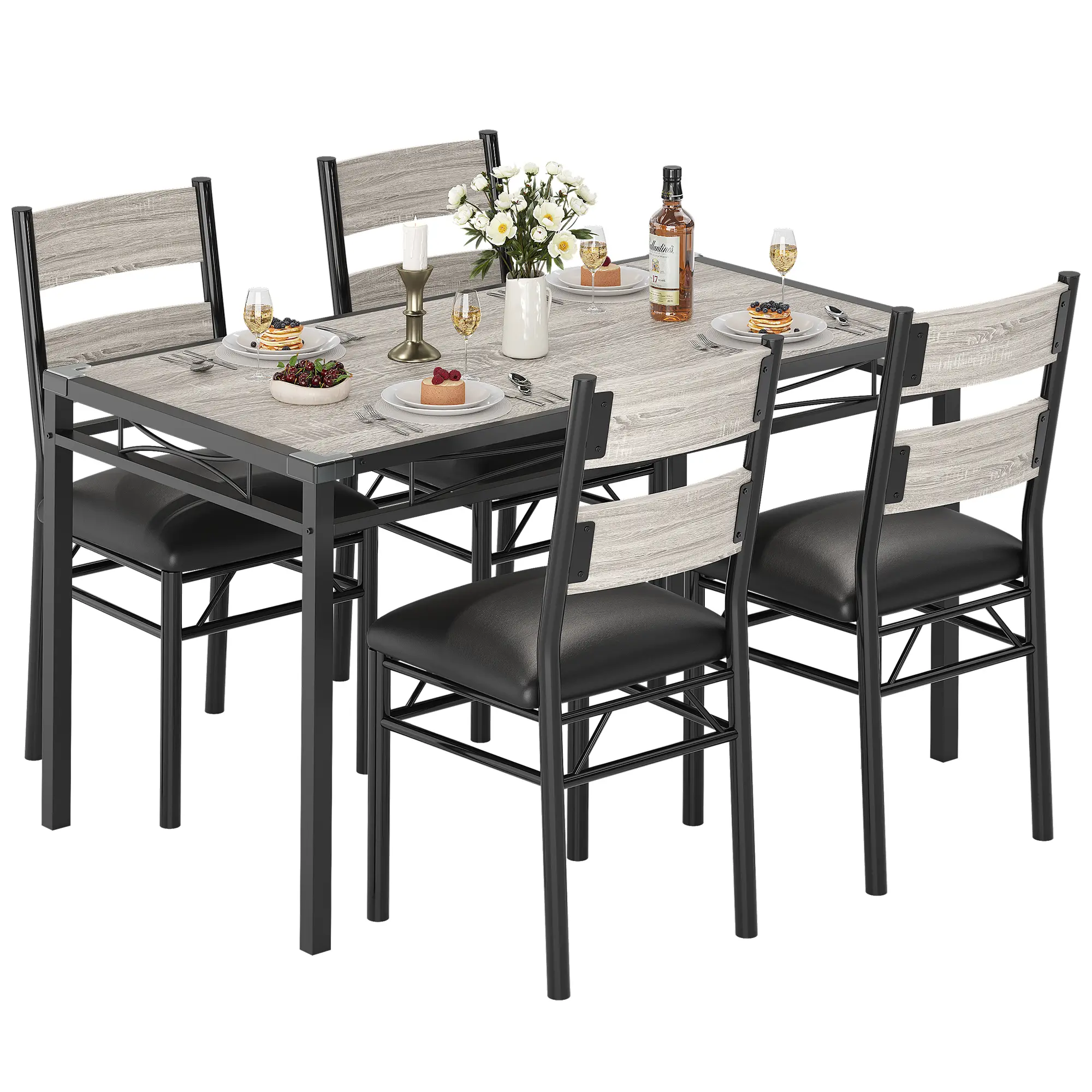 Modern Dining Table Set for 2 or 4 – Upholstered Chairs & Corner Protector – Compact Wood Furniture for Apartments, Dining Room, or Home, Classic Gray & Black