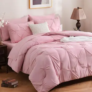 7 Pieces Pink Full Size Comforter Sets, Pintuck Pinch Pleat Bed in a Bag, Soft Microfiber All Season Bedding Set for Bedroom with Sheets, Pillowcases & Shams