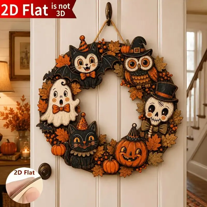 2D Flat Vintage Halloween Door Hanger, Spooky Black Cat Pumpkin Wreath, Exclusive Design, Front Door Welcome Sign, Fits Standard Porch Doors For Fall Decor