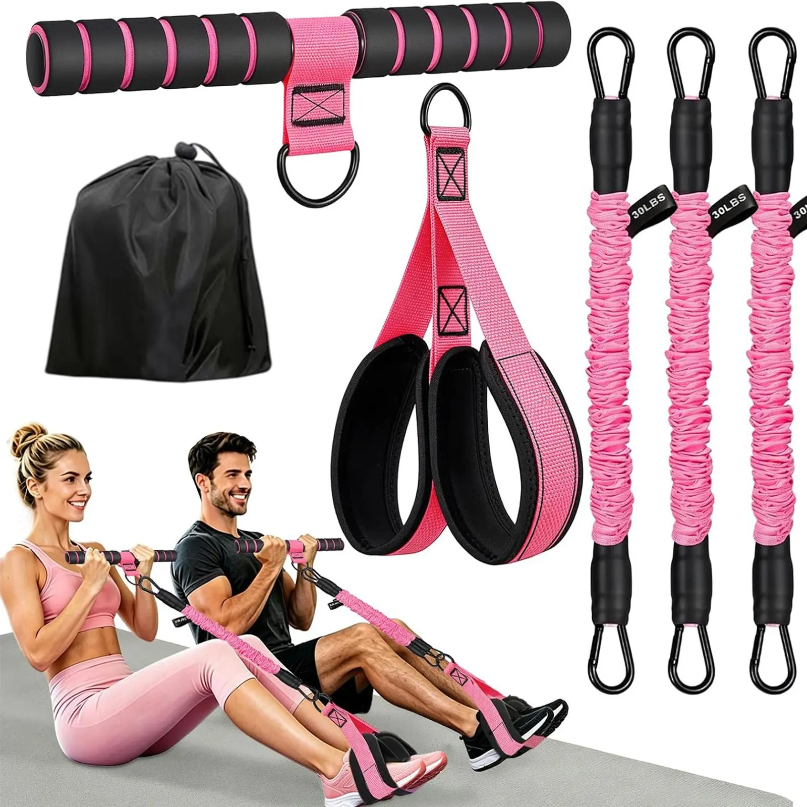 Multi Accessory Resistance Band Set Elastic Pull Bar Foot Straps Storage Bag Complete Family Fitness Tool