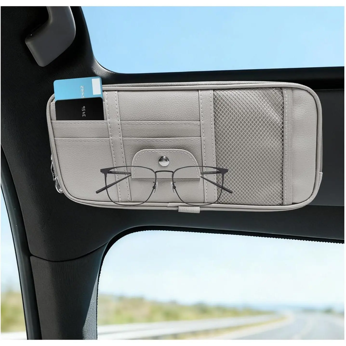 Sun Visor Organizer, Multi-Pocket Leather Auto Storage Pouch with Glasses Clip & Zippers, Multifunctional Sun Visor Storage Bag Ticket Organizer for   SUVs (Gray)
