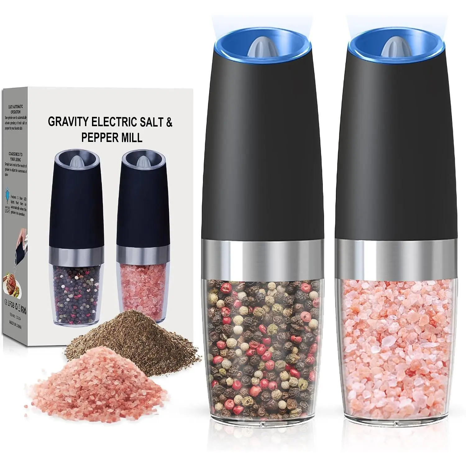 Black 2-Pack Salt and Pepper Grinder Set for Fishing & Outdoor Leisure, Gravity-Activated Automatic Grinder with LED Light, Adjustable Coarseness, 6 AAA Batteries per 1pc, Kitchen Daily Seasoning Tool, Battery/1Pc/Black