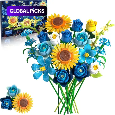 Blue Rose Sunflowers Bouquet, Artificial Flower, Artificial Bouquets Mixed Flower Building Set 832 PCS, Starry Night Style, DIY Artificial Botanical Collection for Adults, Christmas Mother's Day Valentine's Gifts Decorative Florals Home Decor