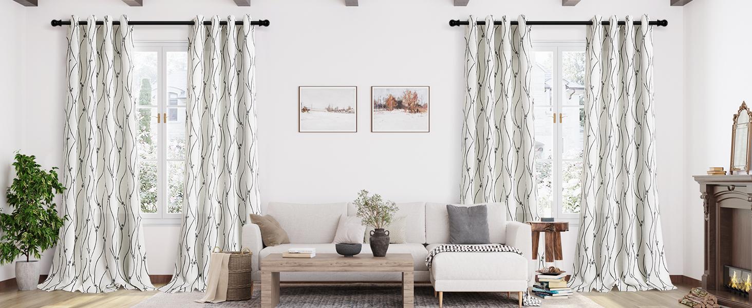 Curtains 72 inch Length 2 Panel Set Grommet Linen Curtain for Living Room Light Reducing Drapes Cream Farmhouse Draperies Textured Window Curtains Black Pattern