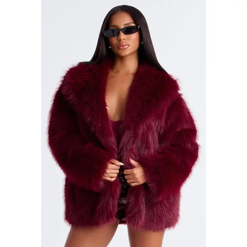 Faux Fur Coat - Burgundy Womenswear Jackets