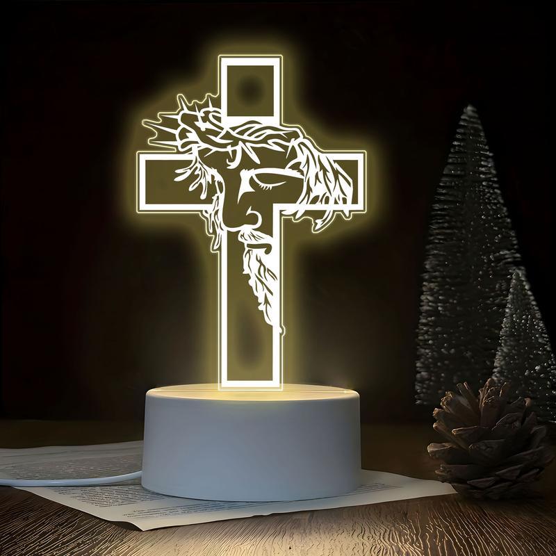 Jesus Cross 3D Night Light - Christian Religious Faith LED Lamp, Catholic Gift for Men Women, Aesthetic Acrylic Room Decor for Bedroom Prayer & Church, USB Powered