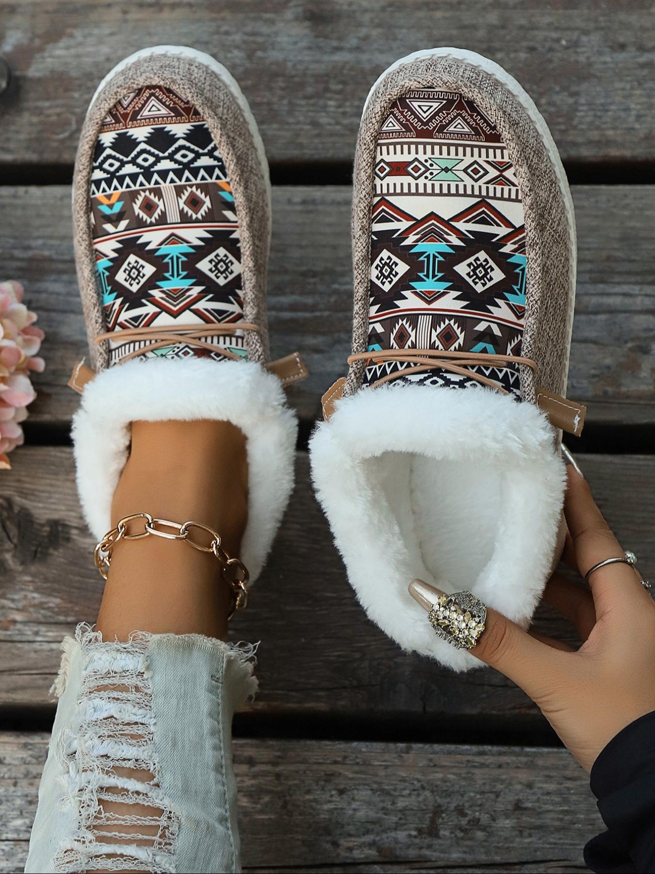 Women's Lace Up Low Top Colorblock Ethnic Pattern Sneakers, Casual Warm Sports Shoes for Winter, Female All-match Round Toe Shoes for Daily Wear